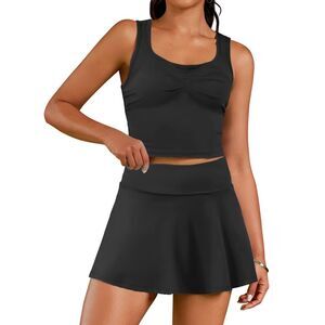 Golf Tennis Skirt Set Dress with Shorts Workout Crop Tank Top Black